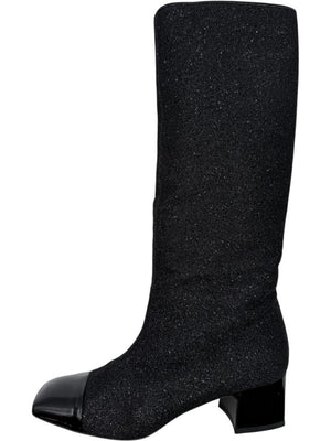 Chanel Black Glitter Fabric & Patent Leather Square Toe Boots – Size 39.5