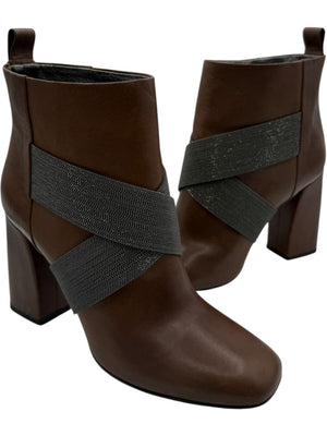 Brunello Cucinelli Brown Leather Ankle Boots with Criss-Cross Monili Straps – Size 39