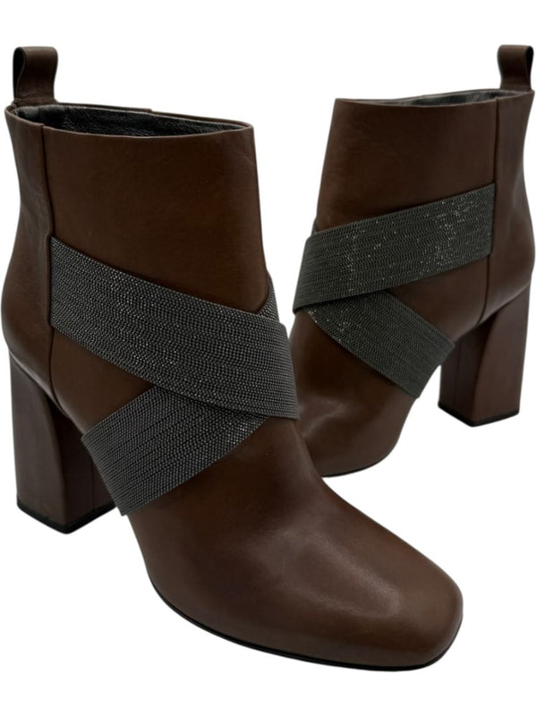 Brunello Cucinelli Brown Leather Ankle Boots with Criss-Cross Monili Straps – Size 39