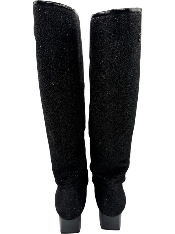 Chanel Black Glitter Fabric & Patent Leather Square Toe Boots – Size 39.5