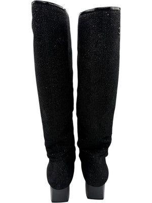 Chanel Black Glitter Fabric & Patent Leather Square Toe Boots – Size 39.5