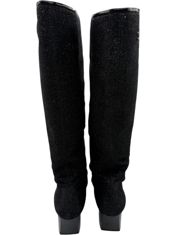 Chanel Black Glitter Fabric & Patent Leather Square Toe Boots – Size 39.5