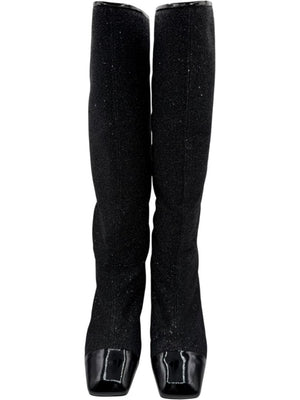 Chanel Black Glitter Fabric & Patent Leather Square Toe Boots – Size 39.5