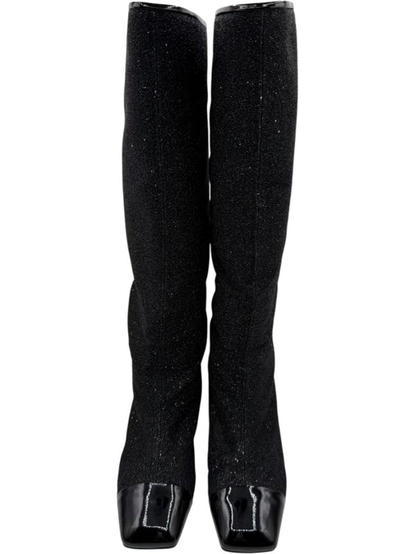 Chanel Black Glitter Fabric & Patent Leather Square Toe Boots – Size 39.5