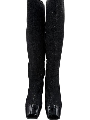Chanel Black Glitter Fabric & Patent Leather Square Toe Boots – Size 39.5