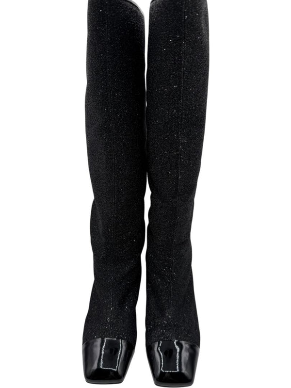 Chanel Black Glitter Fabric & Patent Leather Square Toe Boots – Size 39.5