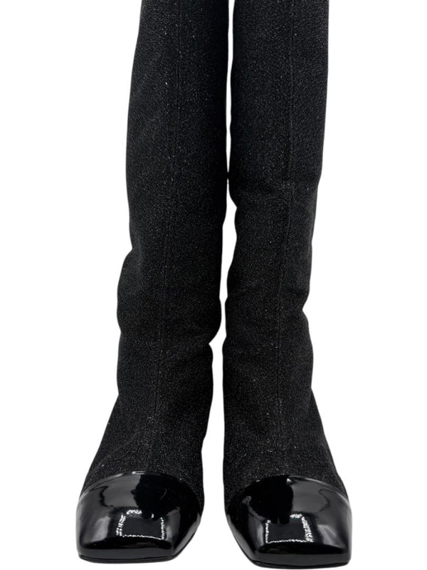 Chanel Black Glitter Fabric & Patent Leather Square Toe Boots – Size 39.5