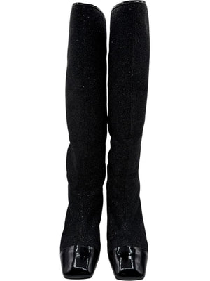Chanel Black Glitter Fabric & Patent Leather Square Toe Boots – Size 39.5