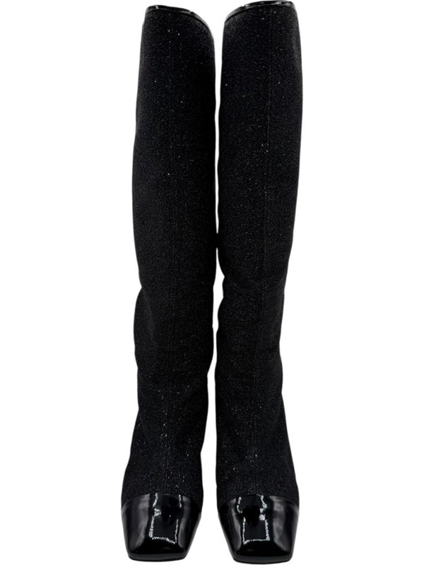 Chanel Black Glitter Fabric & Patent Leather Square Toe Boots – Size 39.5