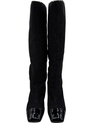 Chanel Black Glitter Fabric & Patent Leather Square Toe Boots – Size 39.5