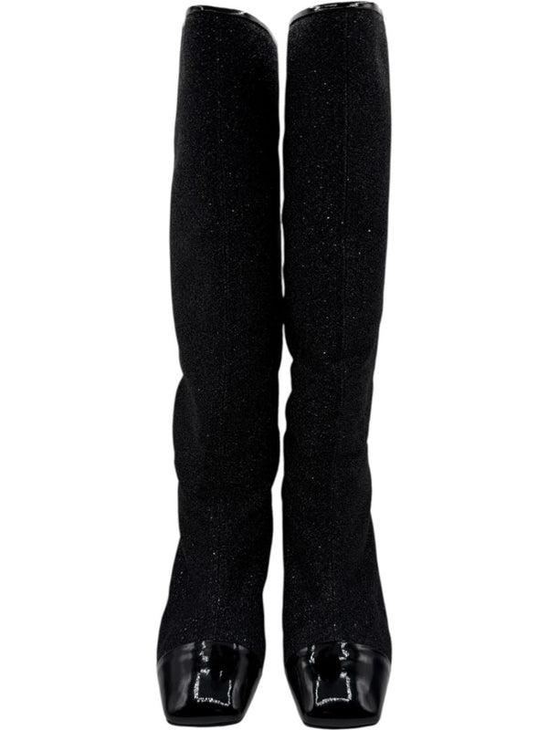 Chanel Black Glitter Fabric & Patent Leather Square Toe Boots – Size 39.5