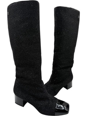 Chanel Black Glitter Fabric & Patent Leather Square Toe Boots – Size 39.5
