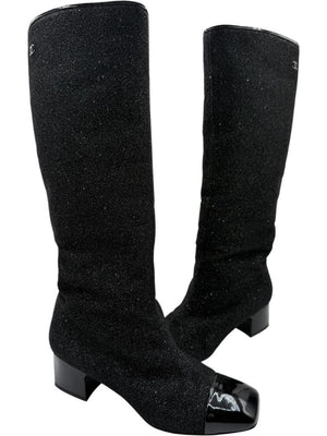 Chanel Black Glitter Fabric & Patent Leather Square Toe Boots – Size 39.5