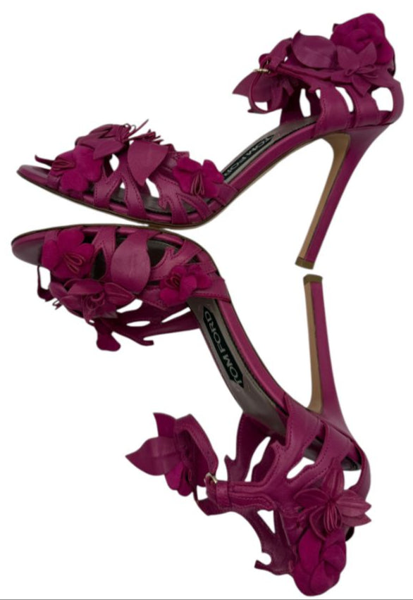 Tom Ford Magenta Floral Cutout Leather Sandals – Size 37 – Very Good Preowned Condition