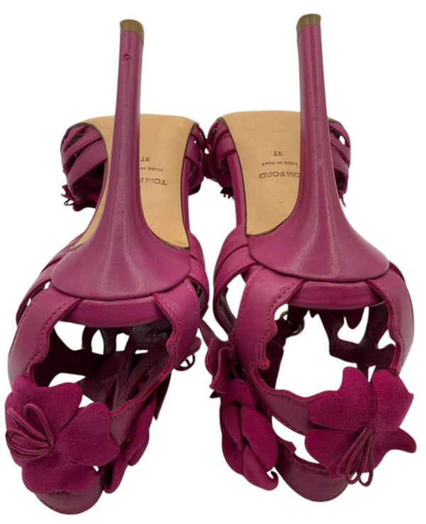 Tom Ford Magenta Floral Cutout Leather Sandals – Size 37 – Very Good Preowned Condition