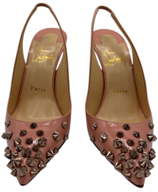 Christian Louboutin Blush Pink Patent Drama 70 Slingback Studded Heel - Sz 6.5