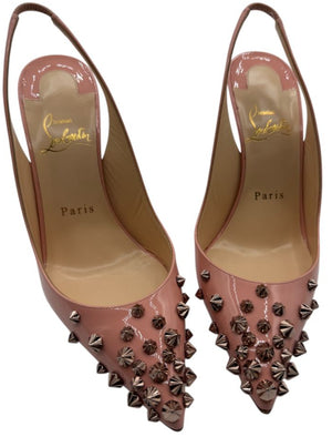 Christian Louboutin Blush Pink Patent Drama 70 Slingback Studded Heel - Sz 6.5