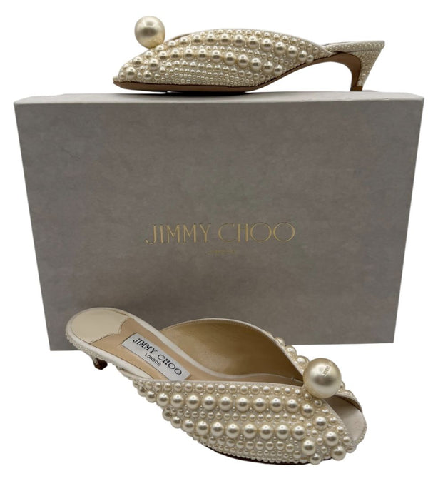 Jimmy Choo Cream Satin Samantha Pearl Embellished Mules Size 36.5
