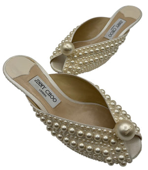 Jimmy Choo Cream Satin Samantha Pearl Embellished Mules Size 36.5