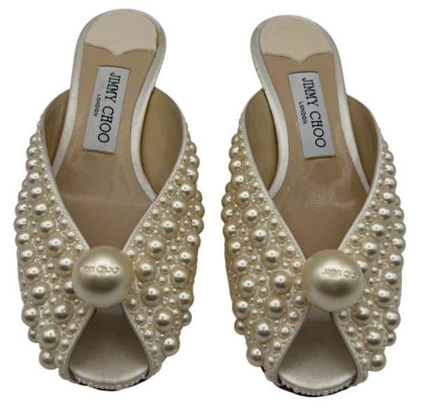 Jimmy Choo Cream Satin Samantha Pearl Embellished Mules Size 36.5