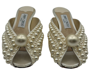 Jimmy Choo Cream Satin Samantha Pearl Embellished Mules Size 36.5