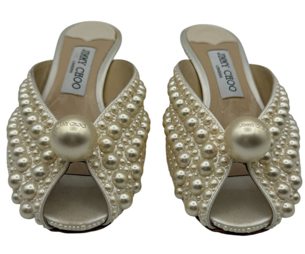Jimmy Choo Cream Satin Samantha Pearl Embellished Mules Size 36.5