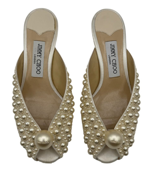 Jimmy Choo Cream Satin Samantha Pearl Embellished Mules Size 36.5
