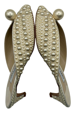 Jimmy Choo Cream Satin Samantha Pearl Embellished Mules Size 36.5