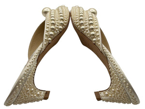 Jimmy Choo Cream Satin Samantha Pearl Embellished Mules Size 36.5