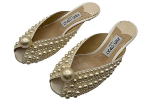 Jimmy Choo Cream Satin Samantha Pearl Embellished Mules Size 36.5