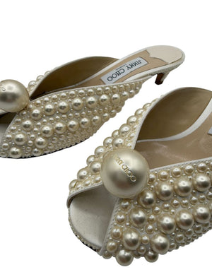 Jimmy Choo Cream Satin Samantha Pearl Embellished Mules Size 36.5