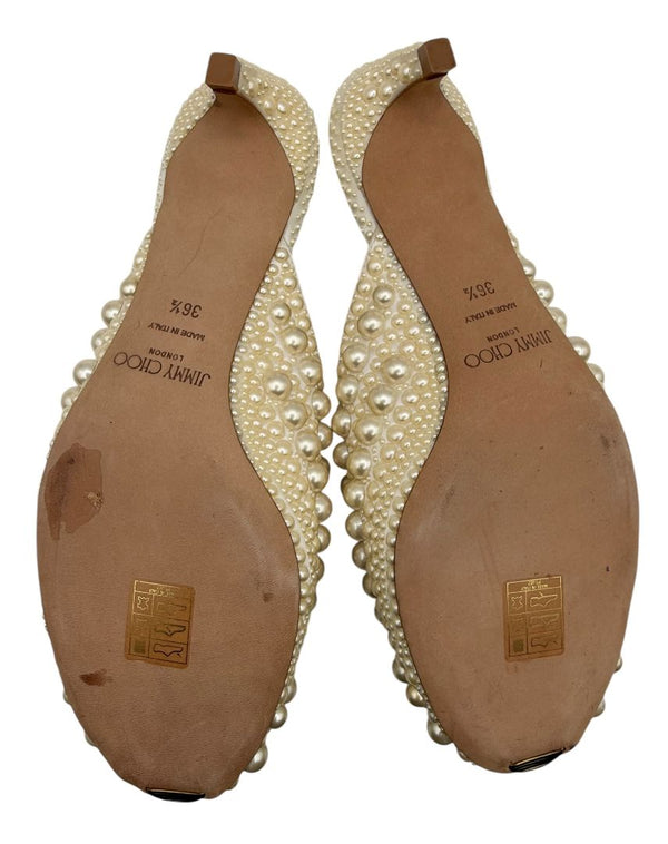 Jimmy Choo Cream Satin Samantha Pearl Embellished Mules Size 36.5