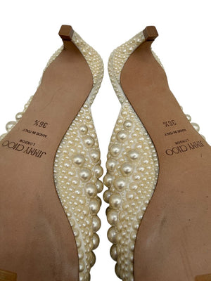 Jimmy Choo Cream Satin Samantha Pearl Embellished Mules Size 36.5