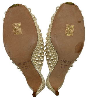 Jimmy Choo Cream Satin Samantha Pearl Embellished Mules Size 36.5