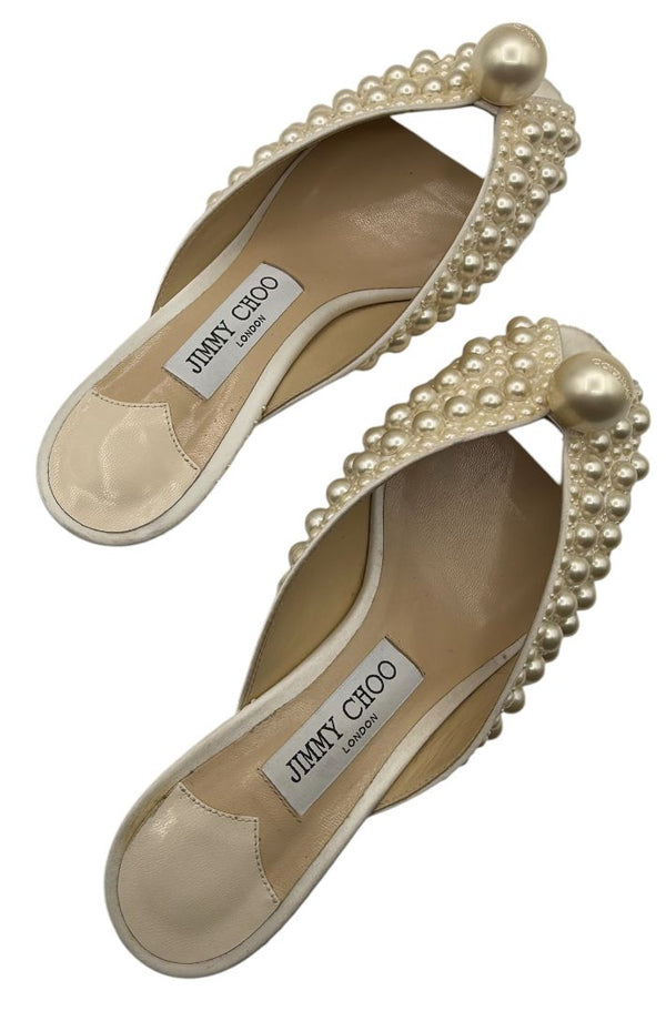 Jimmy Choo Cream Satin Samantha Pearl Embellished Mules Size 36.5