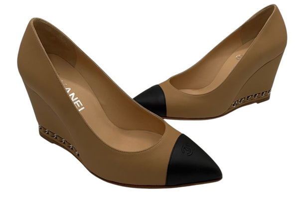 Chanel Chanel Beige/Black Leather Wedge Cap Toe Pumps Size 6 - NEW