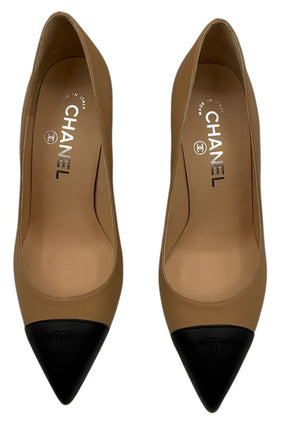 Chanel Chanel Beige/Black Leather Wedge Cap Toe Pumps Size 6 - NEW