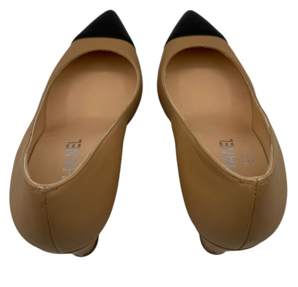 Chanel Chanel Beige/Black Leather Wedge Cap Toe Pumps Size 6 - NEW