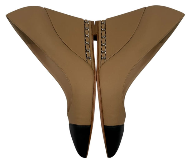 Chanel Chanel Beige/Black Leather Wedge Cap Toe Pumps Size 6 - NEW