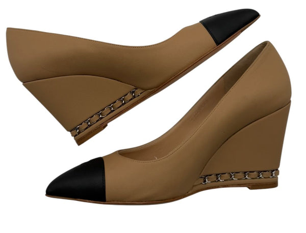 Chanel Chanel Beige/Black Leather Wedge Cap Toe Pumps Size 6 - NEW