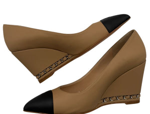 Chanel Chanel Beige/Black Leather Wedge Cap Toe Pumps Size 6 - NEW
