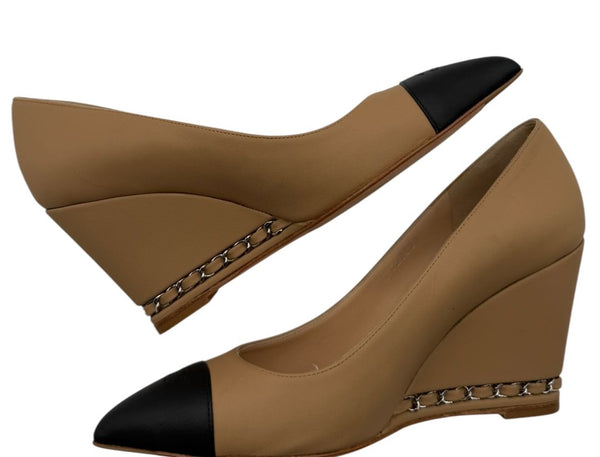 Chanel Chanel Beige/Black Leather Wedge Cap Toe Pumps Size 6 - NEW