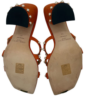 Jimmy Choo Hazal Faux Pearl Embellished Leather Sandals - Size 37