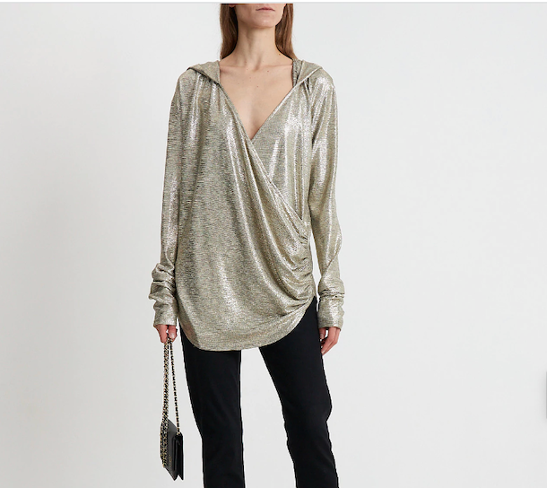 Balmain Silver Metallic Draped Hooded Top – Size M (US 8 / FR 40)