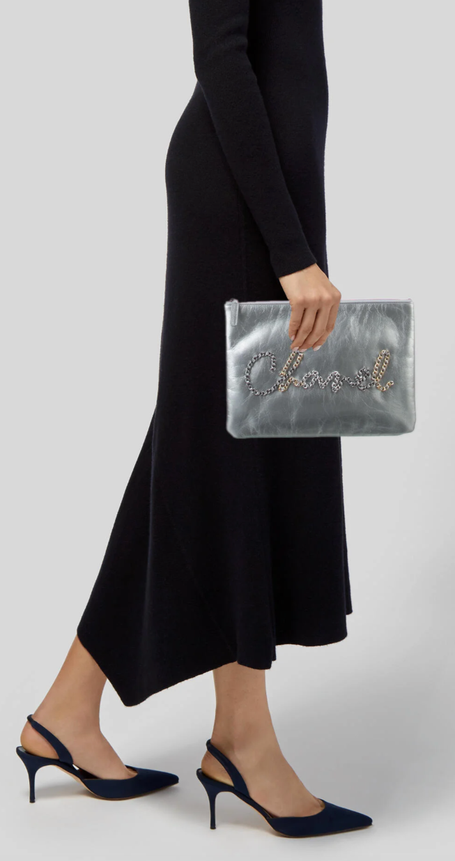 Chanel Written In Chain Metallic Crumpled Calfskin Signature Pouch Silver