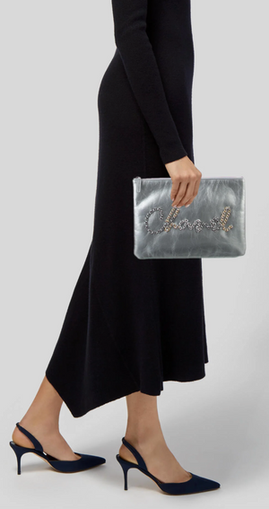 Chanel Written In Chain Metallic Crumpled Calfskin Signature Pouch Silver