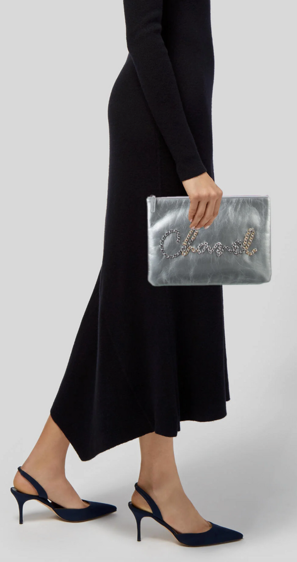 Chanel Written In Chain Metallic Crumpled Calfskin Signature Pouch Silver