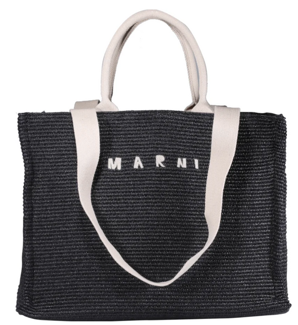 Marni Large Tote in Black raffia-effect fabric
