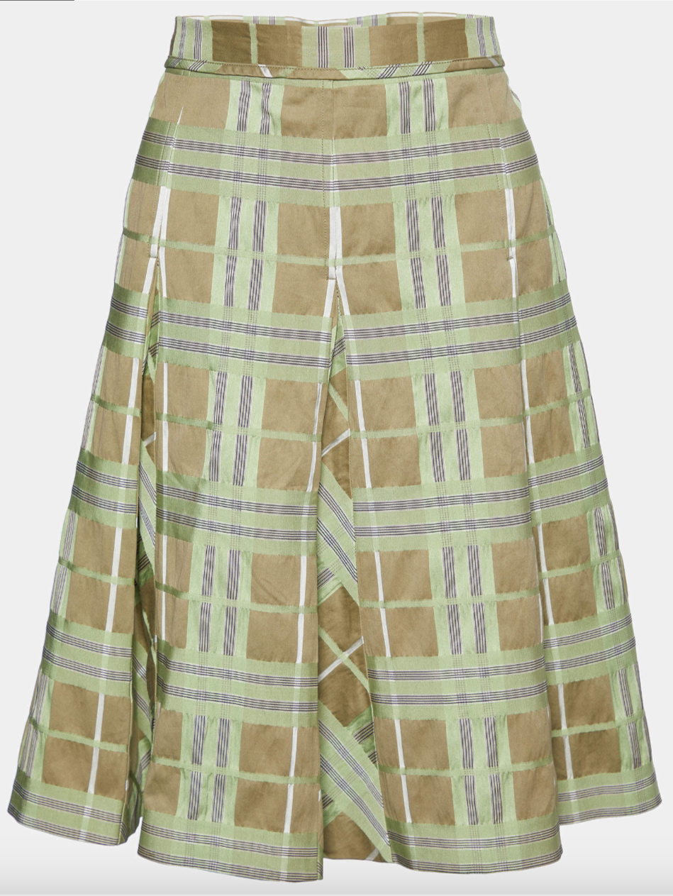 Burberry Matcha Green & Beige Plaid Cotton & Silk Pleated Skirt - Size US 12
