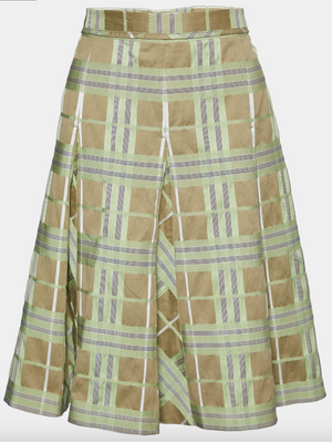 Burberry Matcha Green & Beige Plaid Cotton & Silk Pleated Skirt - Size US 12